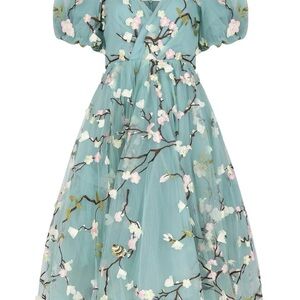 NWT- JessaKae Teal Midi Dress with Pink Floral Embroidery